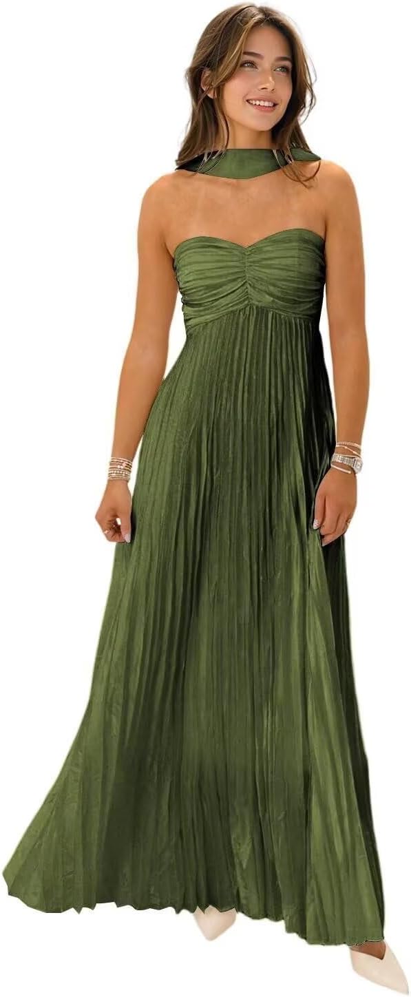 Women's Strapless Chiffon Bridesmaid Dresses with Scarf Long A-Line Pleated Formal Evening Dress