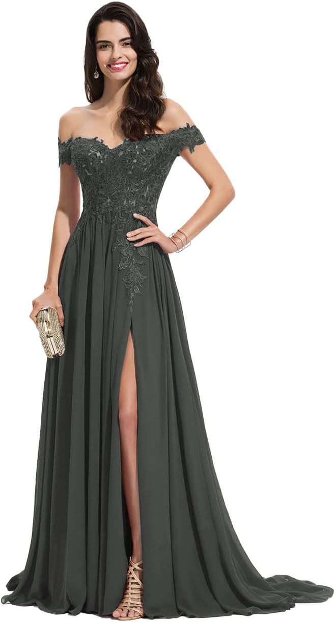 Women's Off The Shoulder Long Prom Dresses with Slit Lace Appliqued Chiffon Formal Party Gowns