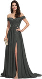 Women's Off The Shoulder Long Prom Dresses with Slit Lace Appliqued Chiffon Formal Party Gowns