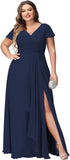 Vestidos de dama de honor de talla grande con mangas con volantes y bolsillos, vestido formal largo con escote en V y abertura. 