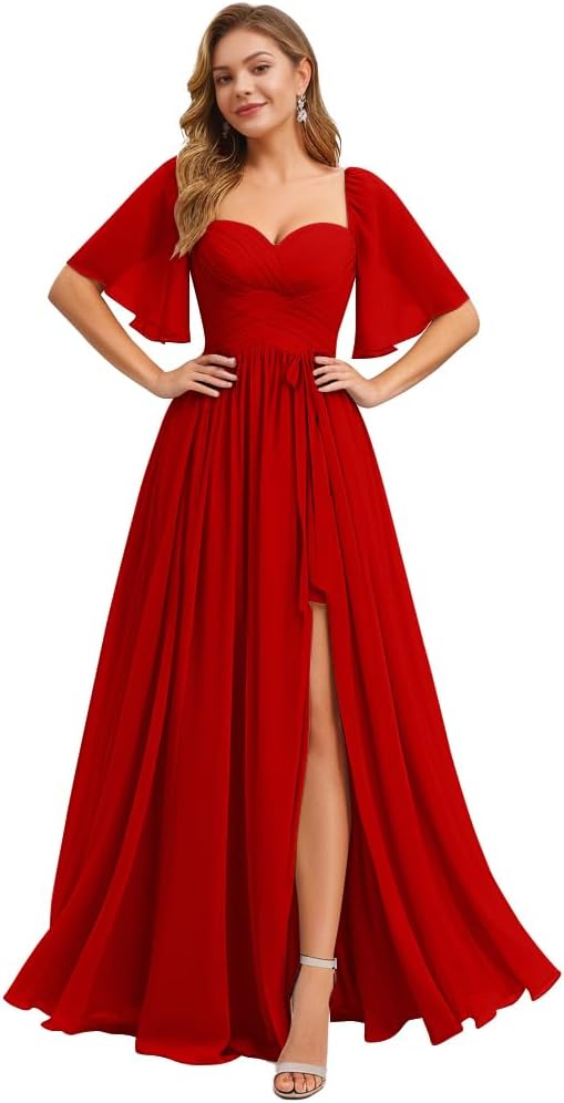 Women's Chiffon Bridesmaid Dresses for Wedding Flutter Sleeves Ruched A Line Long Formal Dress with Slit