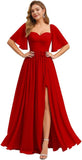 Women's Chiffon Bridesmaid Dresses for Wedding Flutter Sleeves Ruched A Line Long Formal Dress with Slit