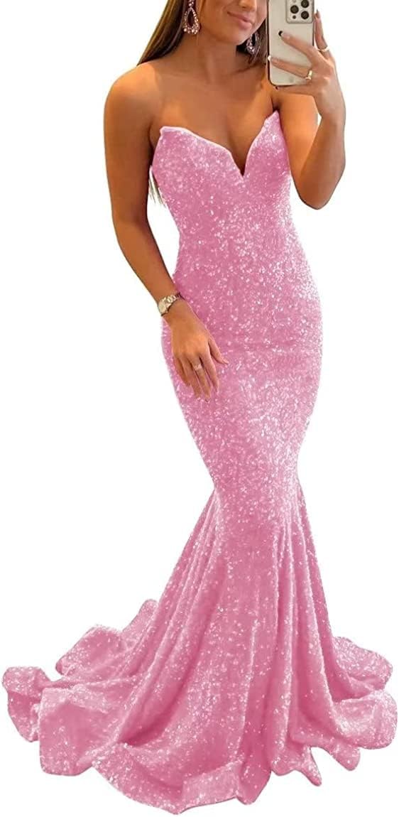 Women's Strapless Sequin Prom Dresses with Train Criss-Cross Mermaid Long Formal Evening Gowns