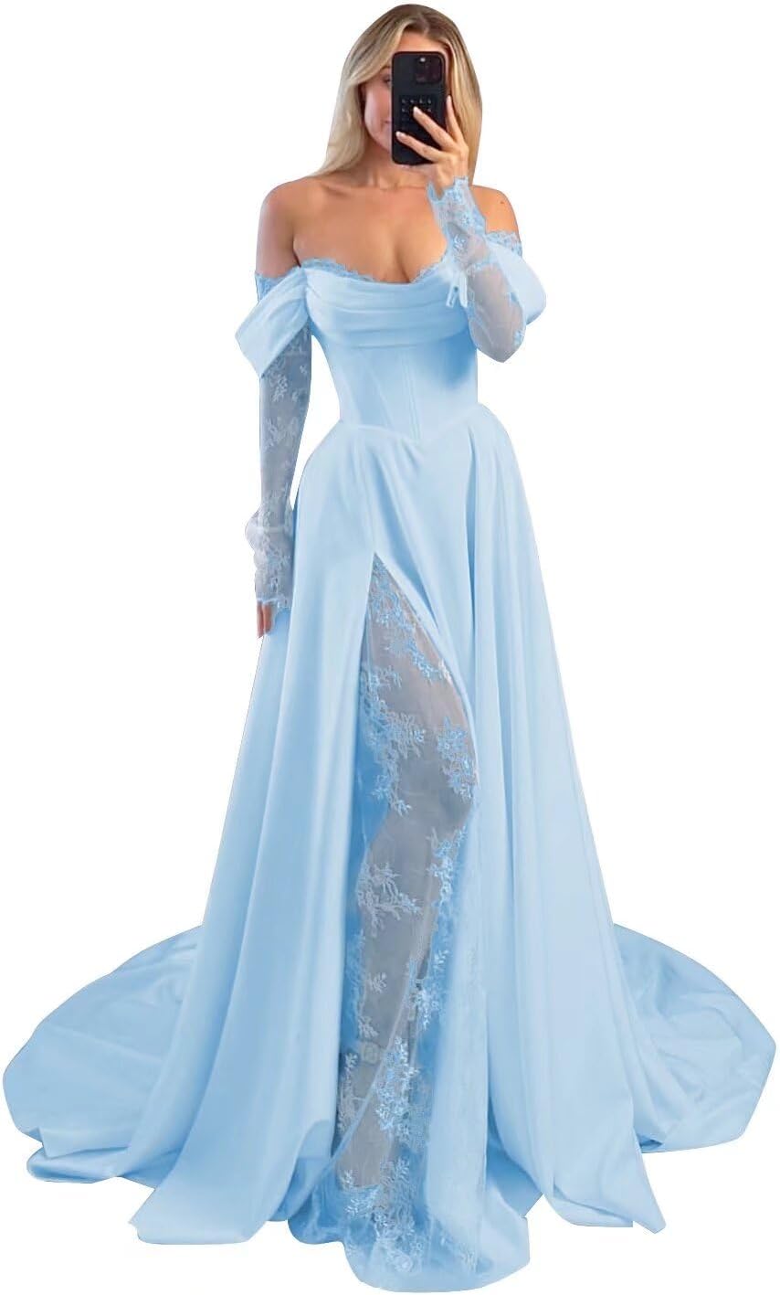 Off Shoulder Satin Wedding Dresses Lace Long Sleeve Prom Dresses Corset A-Line Ball Gowns with Slit