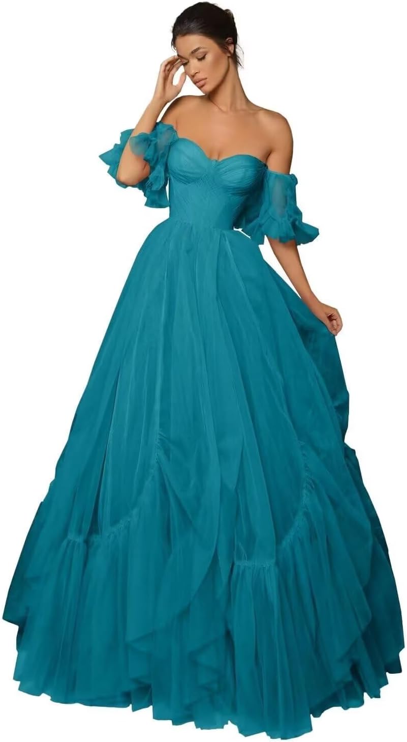 A-line Ruffled Short Sleeve Tulle Prom Dress for Women, Sweetheart Formal Gown Off The Shoulder Long Party Dress
