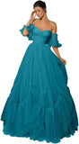 A-line Ruffled Short Sleeve Tulle Prom Dress for Women, Sweetheart Formal Gown Off The Shoulder Long Party Dress
