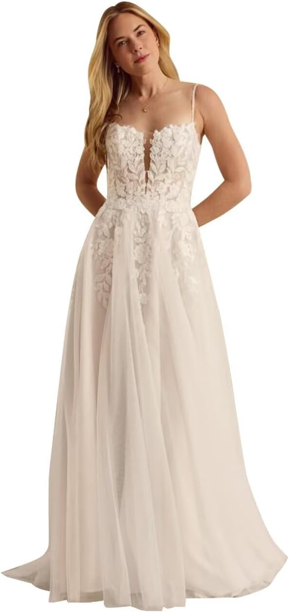 Kingbridal Gowns Lace Appliques Wedding Dresses for Bride Long V Neck Tulle Chiffon A-line Sleeveless Bridal Ball Gown for Women