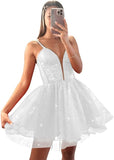 Glitter Tulle Homecoming Dresses for Teens Spaghetti V Neck Short Prom Dresses A Line Mini Cocktail Party Gowns