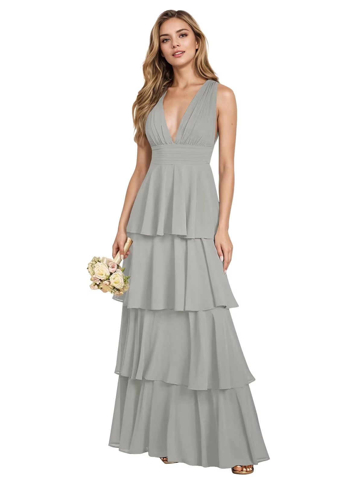 V Neck Chiffon Bridesmaid Dresses for Women 2027 Long Tiered A-Line Ruffles Formal Evening Party Dress