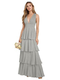 V Neck Chiffon Bridesmaid Dresses for Women 2027 Long Tiered A-Line Ruffles Formal Evening Party Dress