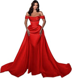 Mermaid Satin Prom Dresses for Women 2027 Long Off Shoulder Ruched Corset Formal Evening Dress Detachable Train