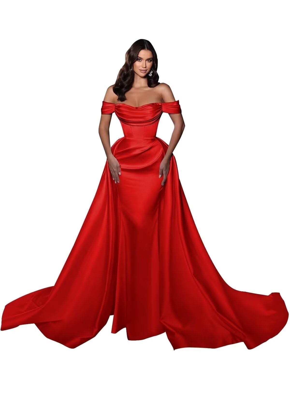 Mermaid Satin Prom Dresses for Women 2027 Long Off Shoulder Ruched Corset Formal Evening Dress Detachable Train
