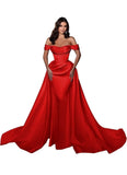 Mermaid Satin Prom Dresses for Women 2027 Long Off Shoulder Ruched Corset Formal Evening Dress Detachable Train