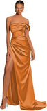 One Shoulder Mermaid Bridesmaid Dresses with Slit 2025 Pleats Satin Formal Evening Gowns for Women