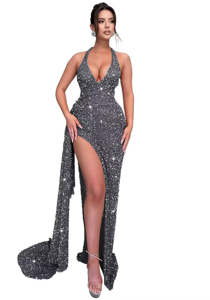 Sparkly Sequin Halter Prom Dresses for Women Mermaid Formal Dress with Slit Backless Ruched Evening Party Gowns