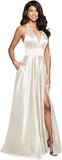 Womens Satin Prom Dresses Long with Slit Halter Evening Formal Gowns for Women with Pockets