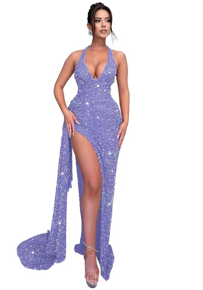 Sparkly Sequin Halter Prom Dresses for Women Mermaid Formal Dress with Slit Backless Ruched Evening Party Gowns