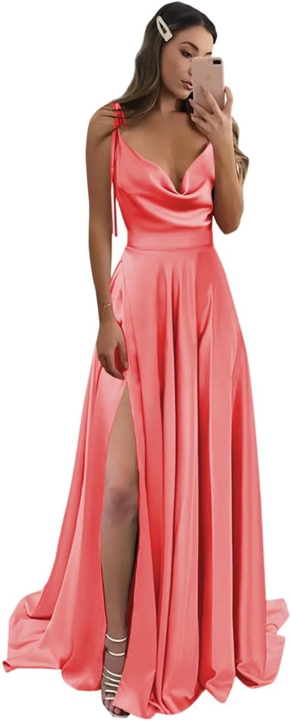Vestidos de fiesta largos de satén con abertura alta para mujer, 2024, tirantes finos ajustables, vestidos de fiesta formales con bolsillos 