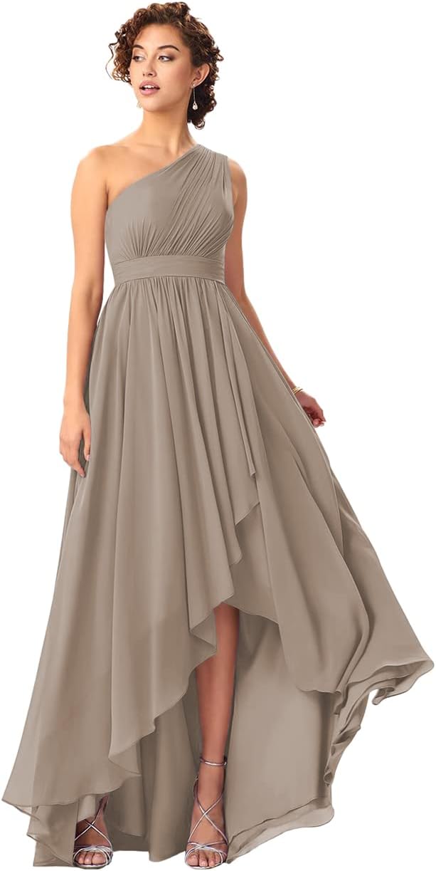 Women's One Shoulder Bridesmaid Dresses High Low Chiffon Formal Party Gowns with Pockets