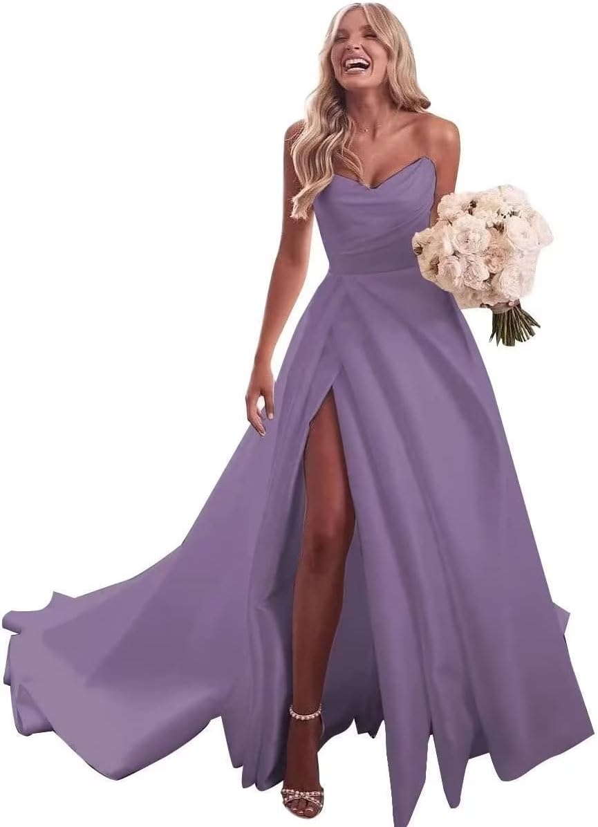 Trägerloses Ballkleid, langes Ballkleid, Satin-Brautkleid für die Braut, A-Linie, formelle Abendkleider mit Schlitz 