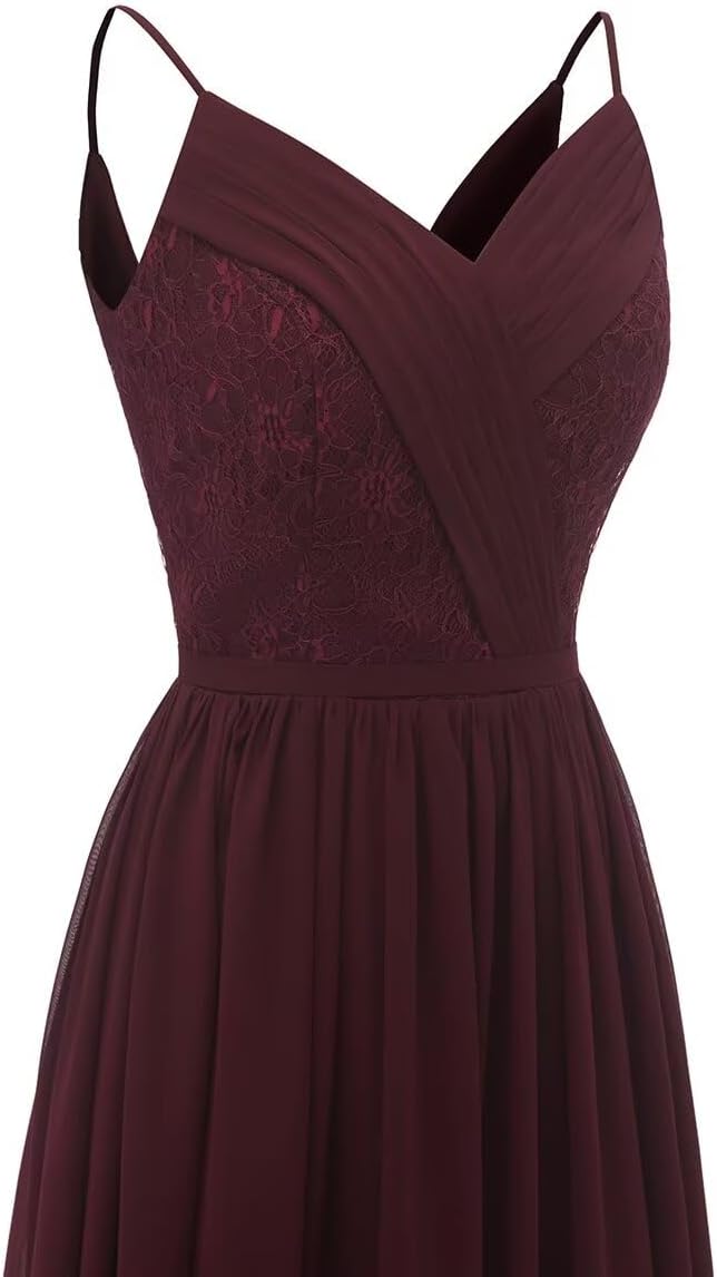 Women's Lace Chiffon Bridesmaid Dresses for Wedding Long Spaghetti Straps Bodice Formal Party Gown with Pockets