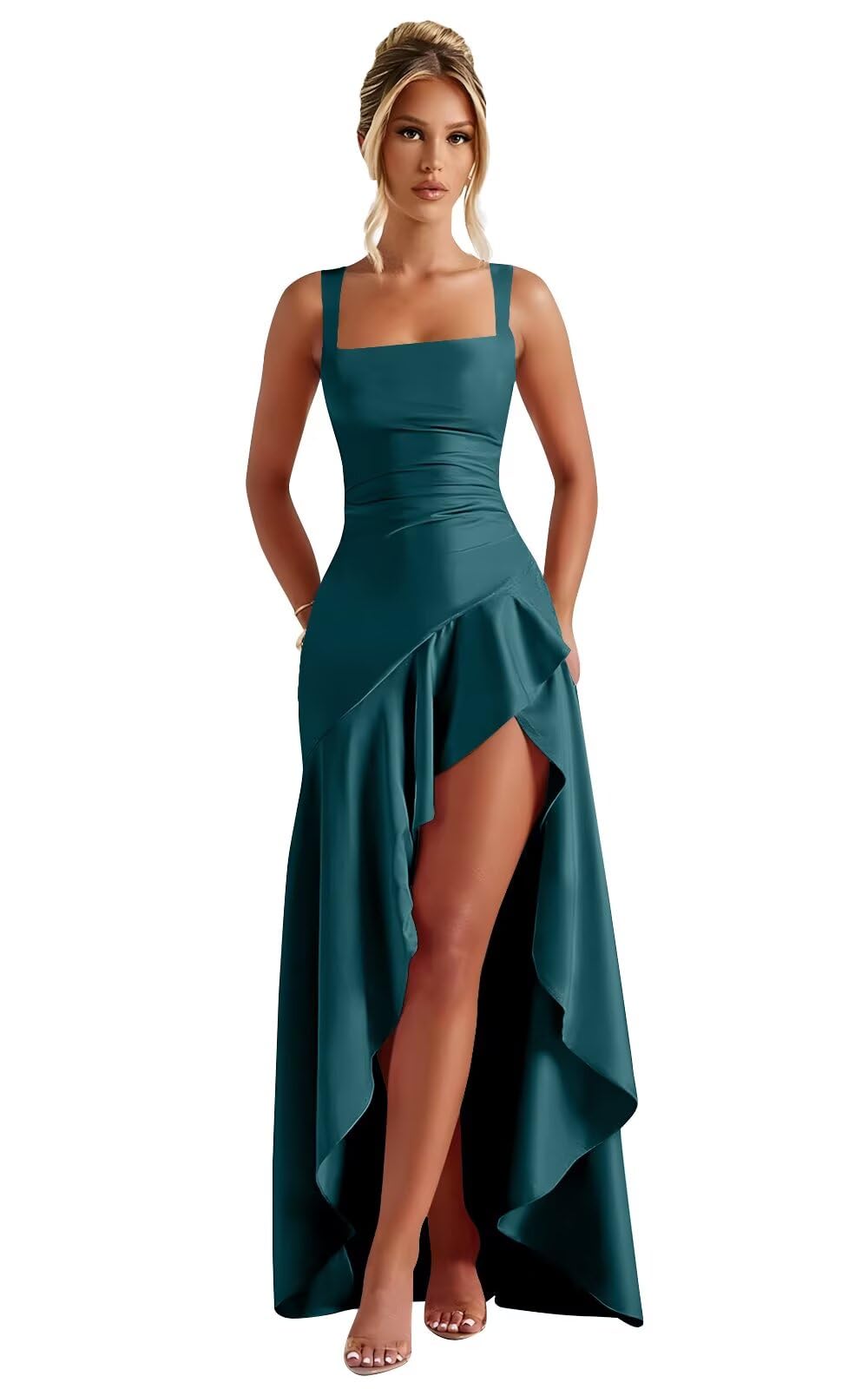 Mermaid Satin Bridesmaid Dresses for Women 2027 Long Ruffles High Low Prom Formal Evening Party Dress with Slit