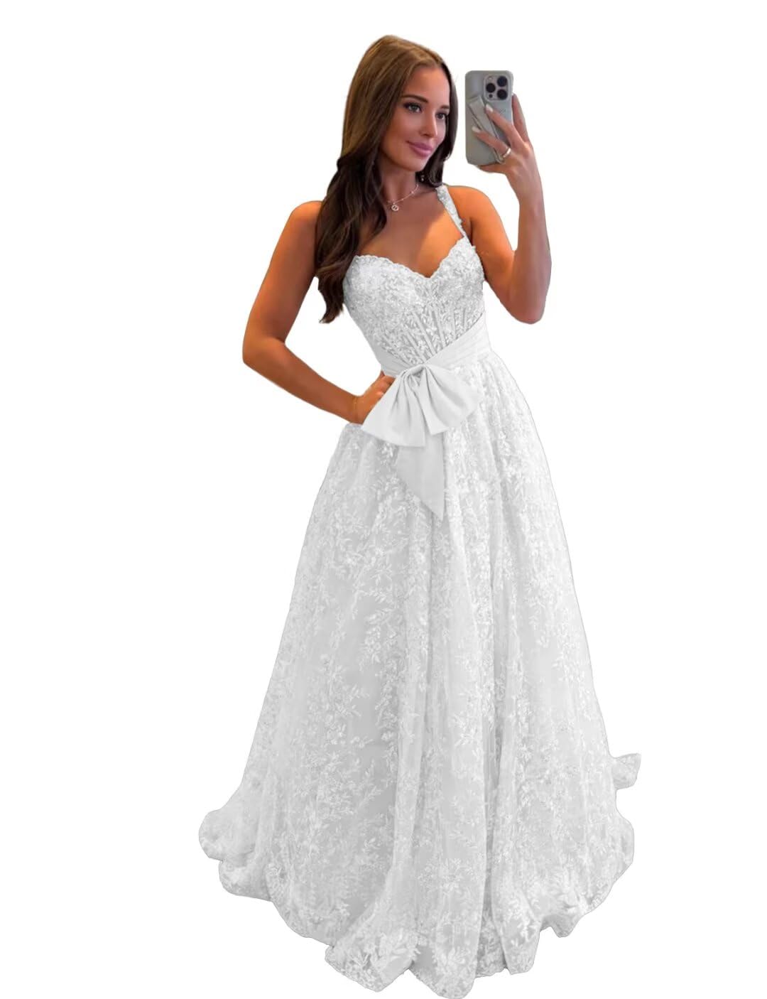 Lace Tulle Prom Dresses with Bow Appliques Corset A Line Long Formal Dress