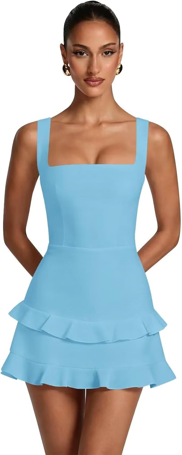 Spaghetti Straps Satin Homecoming Dresses for Teens 2026 Square Neck Tiered Ruffles Short Prom Dress