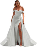Off The Shoulder Prom Dress 2027 Long Ball Gown with Slit Mermaid Satin Formal Dresses for Women