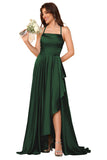 Women's Long Satin Bridesmaid Dresses Spaghetti Strap Halter Formal Evening Gown Ruffle High Low Wedding Guest Dress