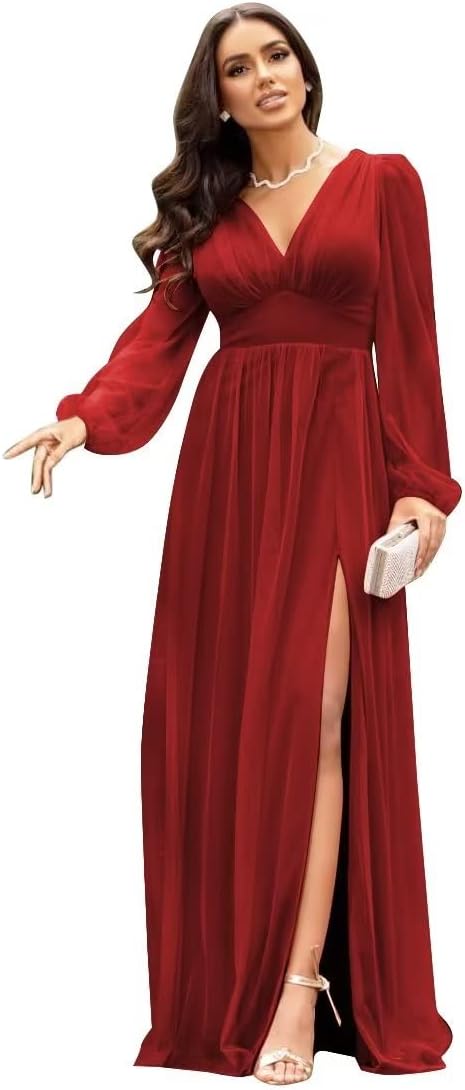 Langärmlige Brautjungfernkleider für Hochzeiten, V-Ausschnitt, formelles Kleid mit Schlitz, Chiffon-Ballkleid