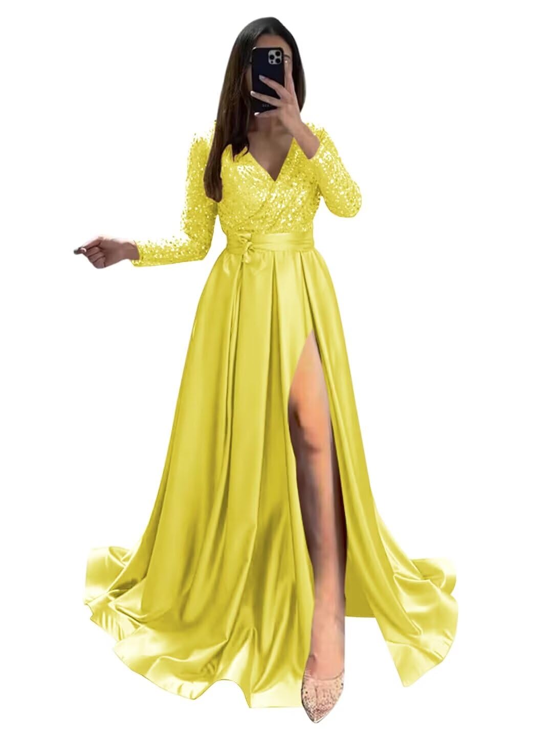 Long Sleeve Sequin Prom Dresses for Women 2027 Satin Formal Dress Sparkly Slit Evening Party Gown with Pocket