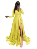 Long Sleeve Sequin Prom Dresses for Women 2027 Satin Formal Dress Sparkly Slit Evening Party Gown with Pocket