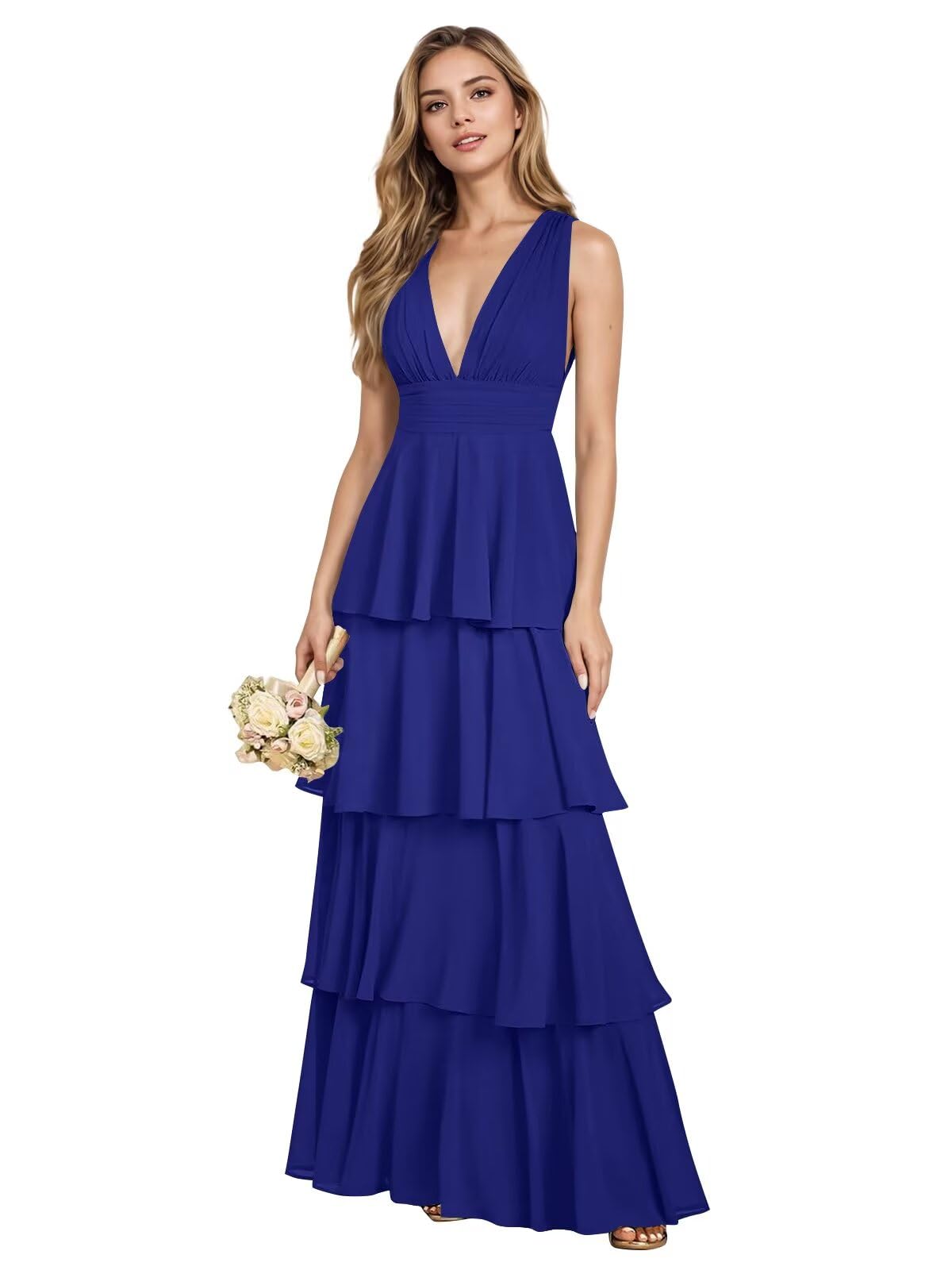 V Neck Chiffon Bridesmaid Dresses for Women 2027 Long Tiered A-Line Ruffles Formal Evening Party Dress