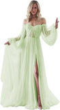 Women's Puffy Long Sleeve Prom Dresses with Slit Off Shoulder Tulle Wedding Formal Evening Gowns