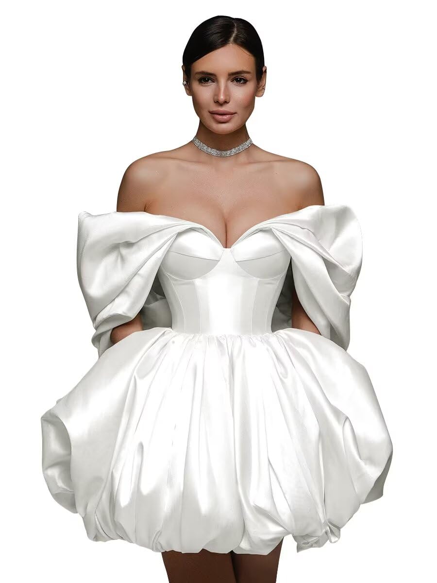 Off The Shoulder Short Wedding Dresses for Bride Puffy Satin Bridal Dresses w/Pockets Strapless Formal Ball Gowns