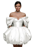 Off The Shoulder Short Wedding Dresses for Bride Puffy Satin Bridal Dresses w/Pockets Strapless Formal Ball Gowns