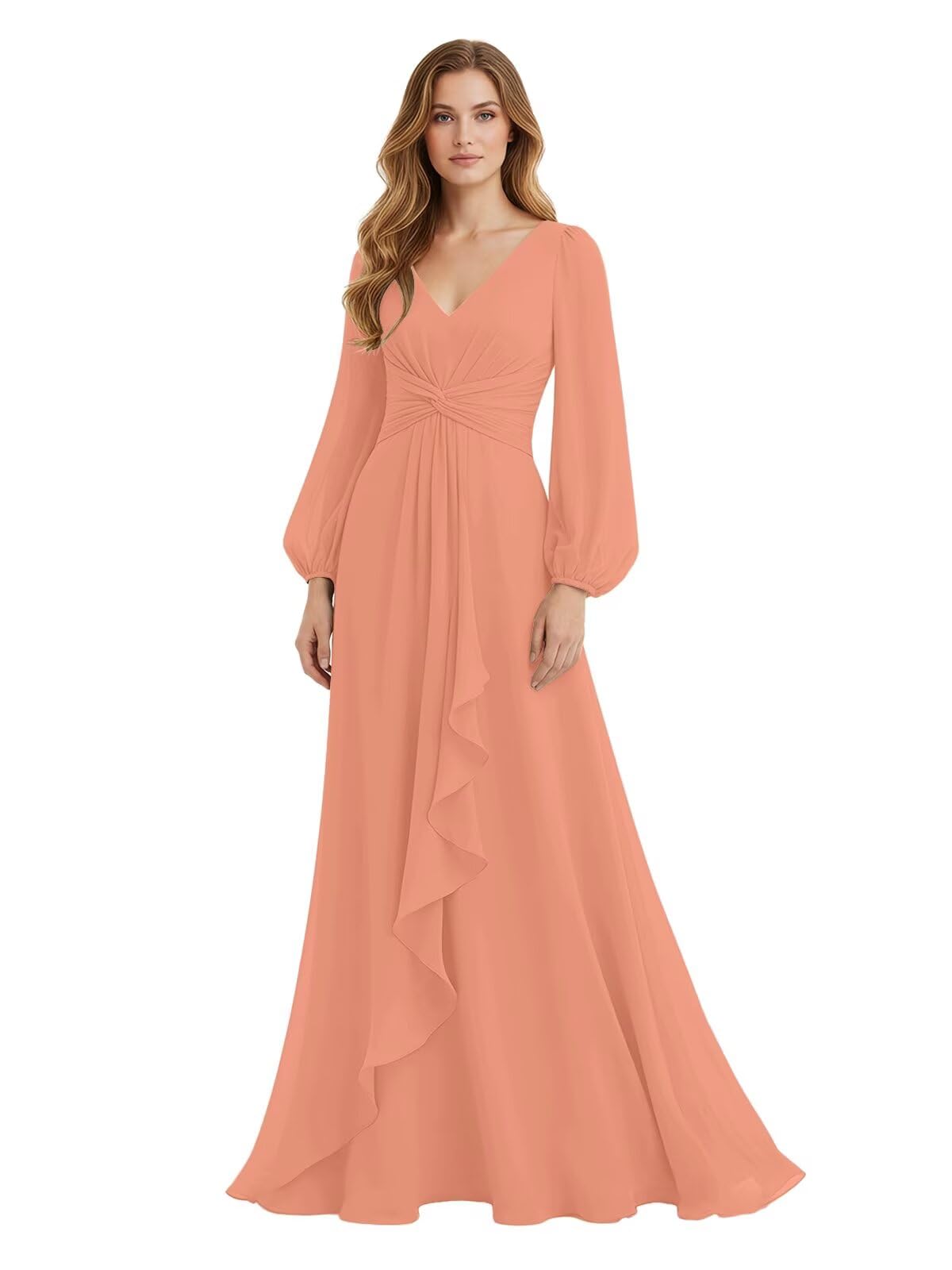 Women's Chiffon Bridesmaid Dresses Long Sleeve Ruffles V-Neck Pleated Formal Wedding Guest Dresses Mother of the bride Dress