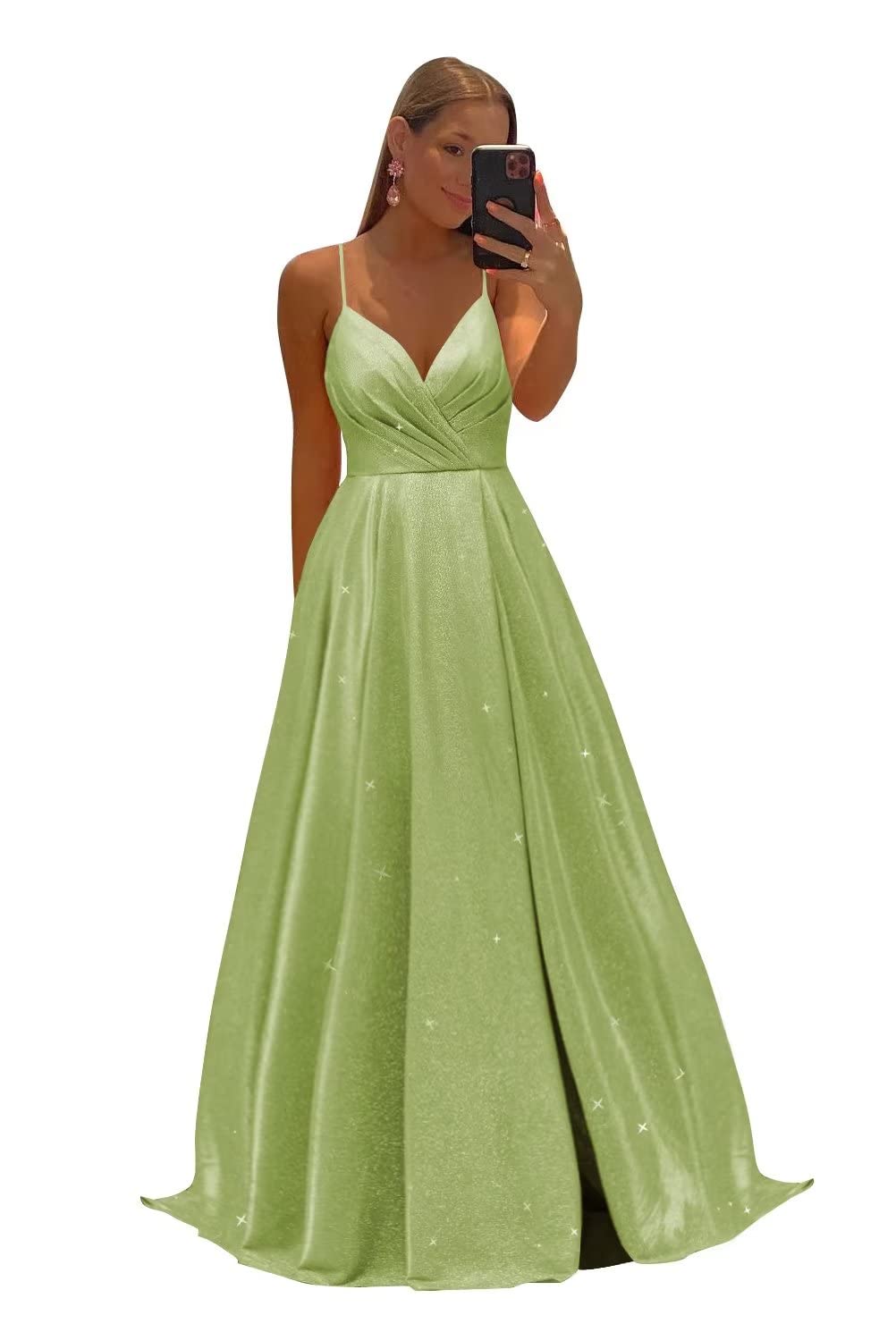 Women's Spaghetti Straps Prom Dresses Long V-Neck Sparkling Bridesmaid Dresses Formal Evening Gowns with High Slit