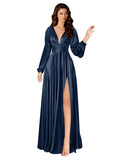 Kingbridal Gowns Long Sleeve Satin Bridesmaid Dresses for Women Long A-Line V-Neck Pleated Formal Evening Party Ball Gown with Slit