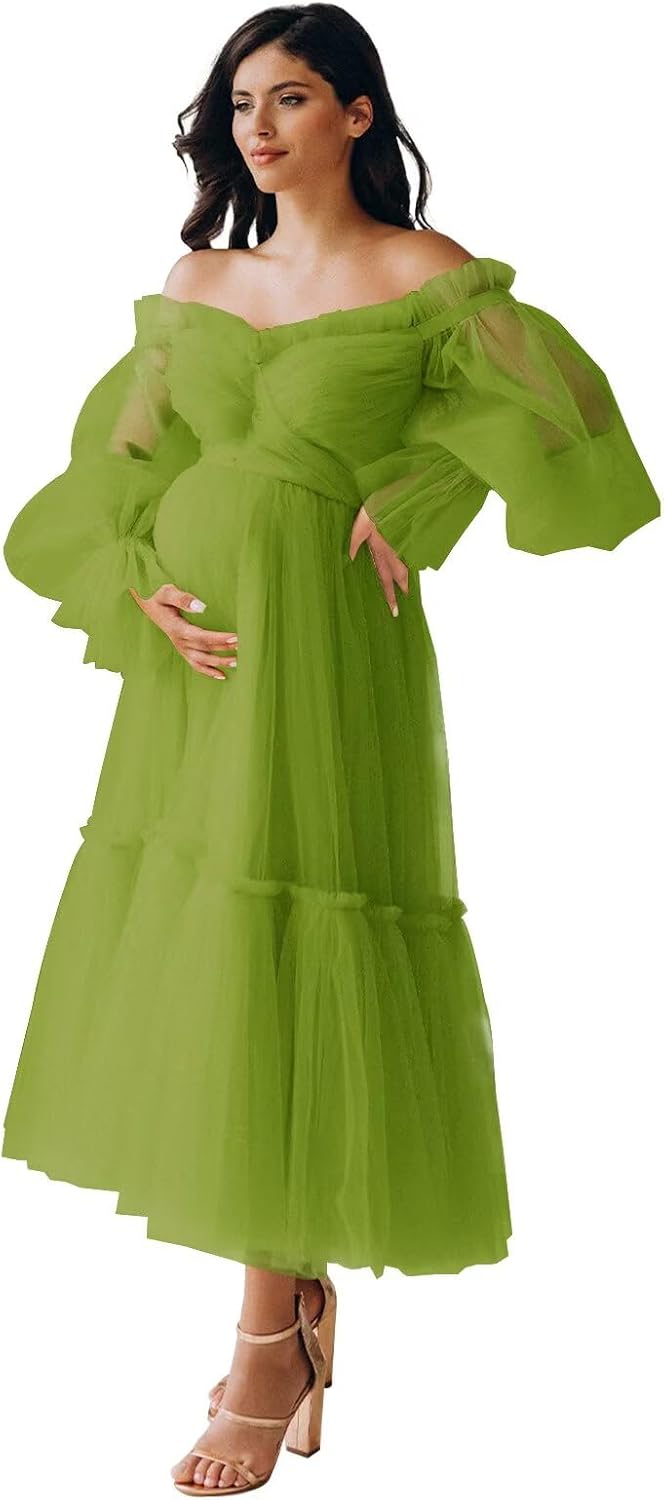 Tulle Tea Length Maternity Dresses for Photo Shoot Long Sleeve Pregnancy Gown for Baby Shower