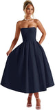 Strapless Satin Tea Length Prom Dresses for Women 2027 A-Line Corset Backless Cocktail Bridesmaid Dress with Pocket