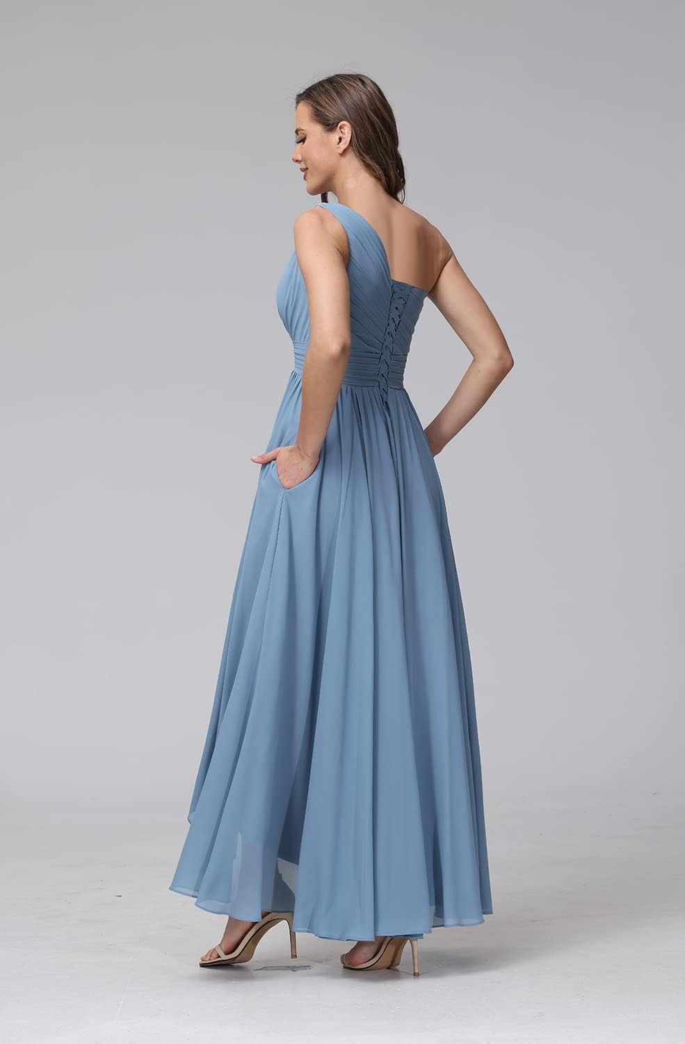 Women's One Shoulder Bridesmaid Dresses High Low Chiffon Formal Party Gowns with Pockets