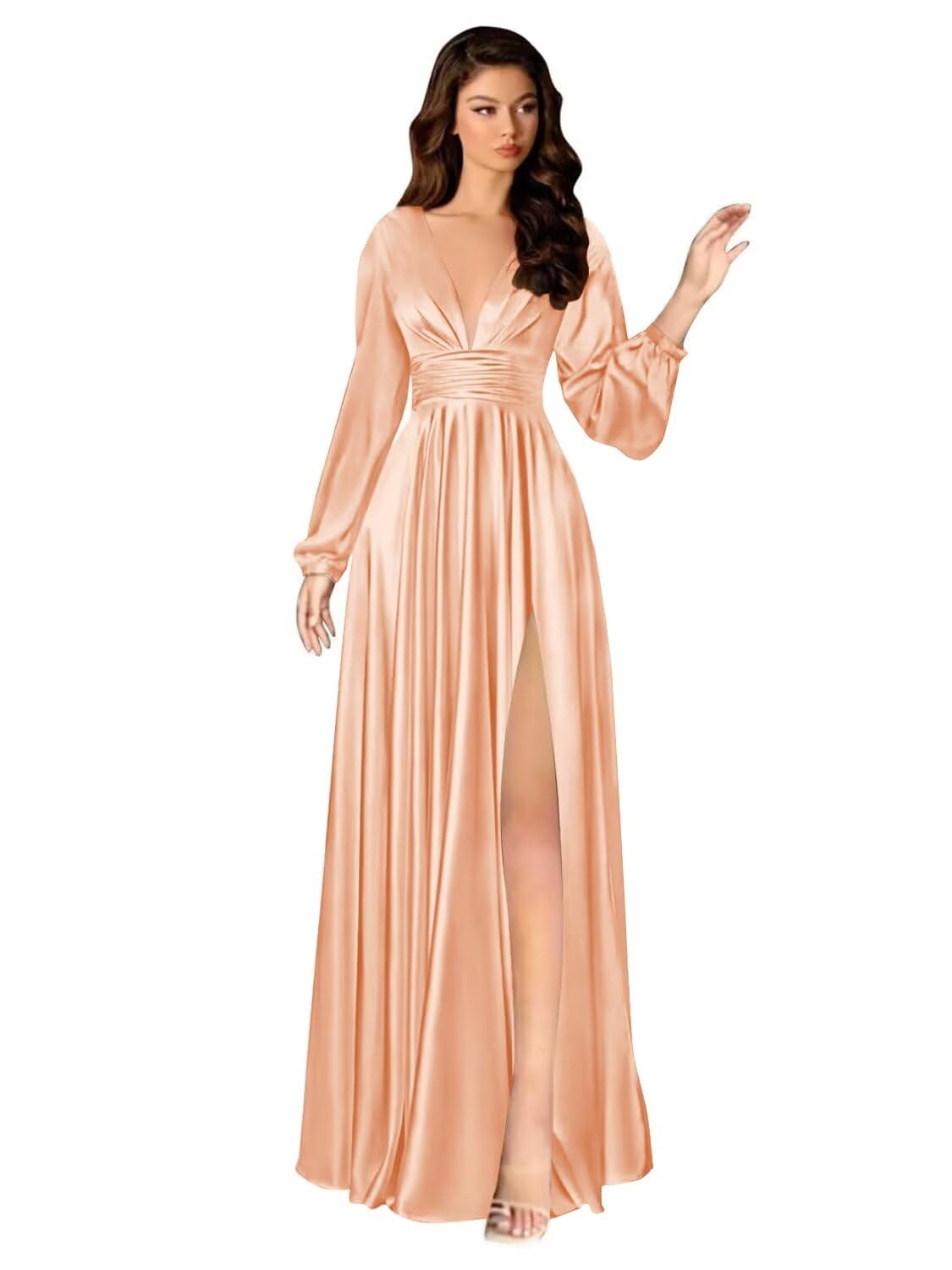 Kingbridal Gowns Long Sleeve Satin Bridesmaid Dresses for Women Long A-Line V-Neck Pleated Formal Evening Party Ball Gown with Slit