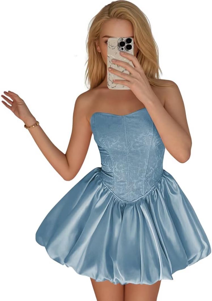 Strapless Satin Homecoming Dresses for Teens Jacquard Short Prom Dress A-line Cocktail Party Gowns with Pockets
