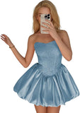 Strapless Satin Homecoming Dresses for Teens Jacquard Short Prom Dress A-line Cocktail Party Gowns with Pockets