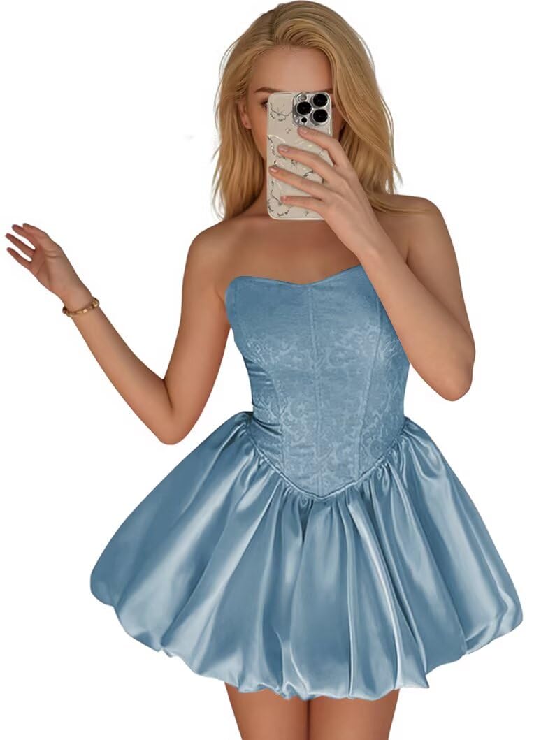 Strapless Satin Homecoming Dresses for Teens Jacquard Short Prom Dress A-line Cocktail Party Gowns with Pockets