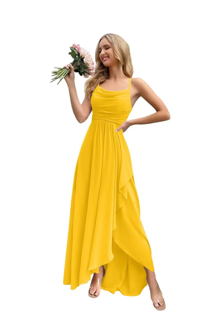 Spaghetti Strap Chiffon Bridesmaid Dresses for Women Long Ruched A-Line Cowl Neck Formal Evening Gowns with Slit