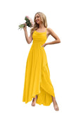 Spaghetti Strap Chiffon Bridesmaid Dresses for Women Long Ruched A-Line Cowl Neck Formal Evening Gowns with Slit