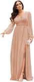 Langärmlige Brautjungfernkleider für Hochzeiten, V-Ausschnitt, formelles Kleid mit Schlitz, Chiffon-Ballkleid